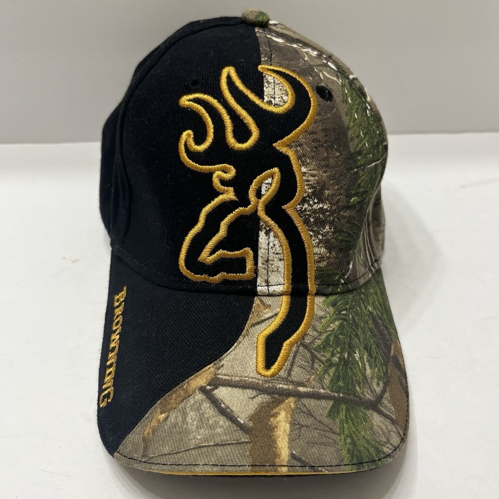 Browning Split Camo Baseball Cap Yellow Embroidered Buckmark Logo Adjustable